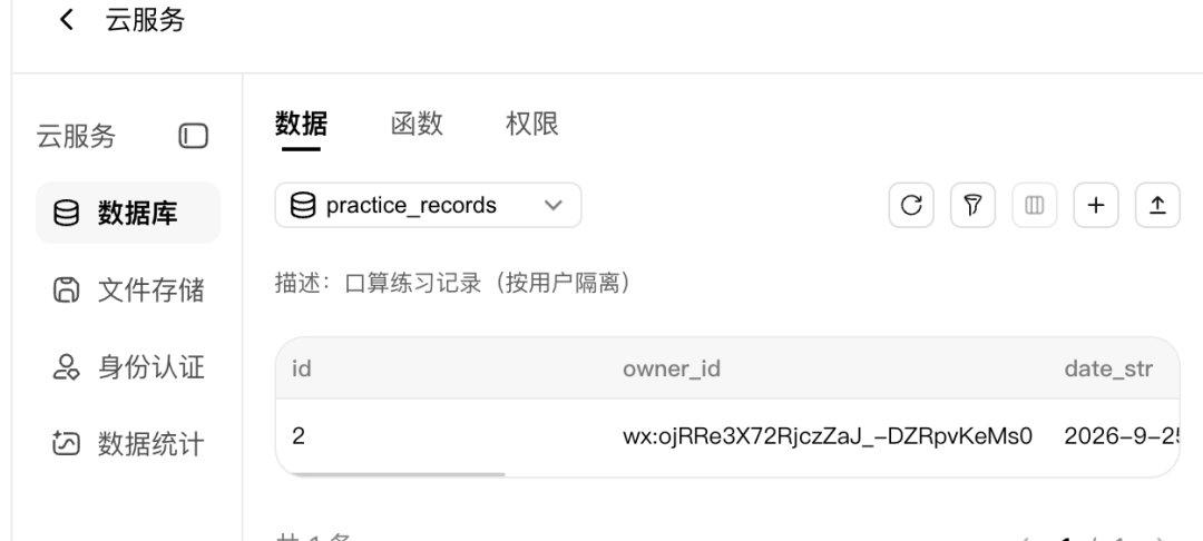 图片展示的是腾讯云开发平台的云服务页面。左侧有云服务、数据库、文件存储、身份认证、数据统计等选项，当前选中“数据库”。右侧显示“practice_records”数据库下的数据，包含id、owner_id、date_str等字段，其中id为2，owner_id为wx:ojRRe3X72RjczZaJ_-DZRpvKeMs0，date_str为2026 - 9 - 2。该图片与文档中创建后台服务的内容相关，直观呈现了将记录保存在云服务上的效果。